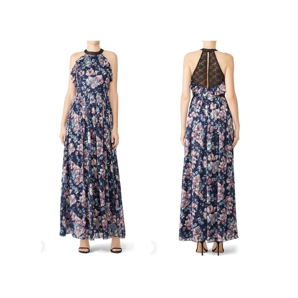 Marchesa Notte Maxi Dress Blue Floral Ruffle Halter Crochet Back